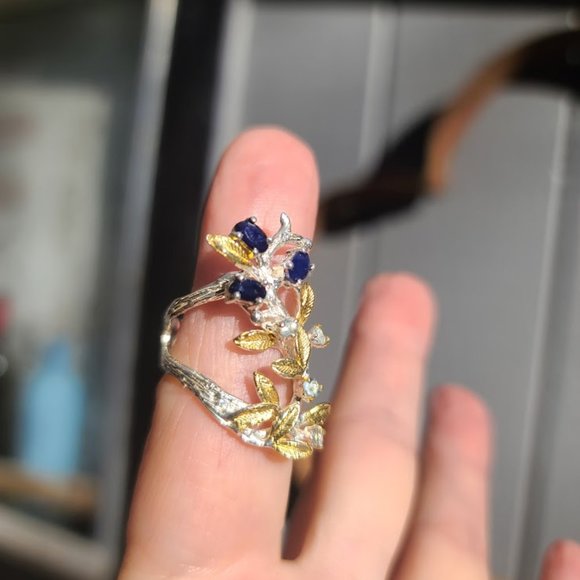 Sapphire & aquamarine sterling & gold finger cuff sz6.5 - Picture 9 of 11